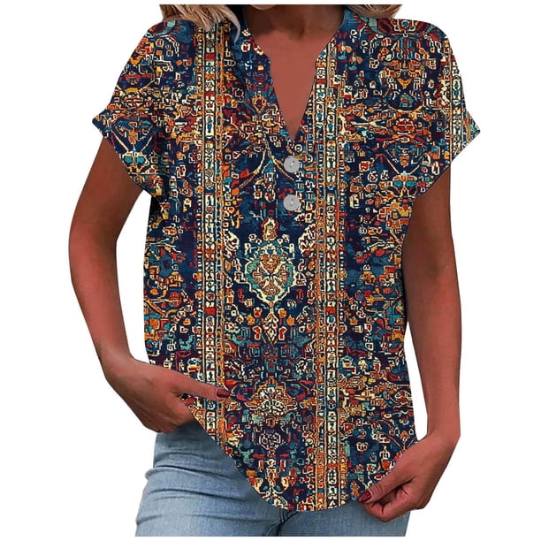 Camisetas de Manga Corta para las Mujeres Casual Impreso Botón Casa V-Cuello Camiseta Blusas, Poliéster