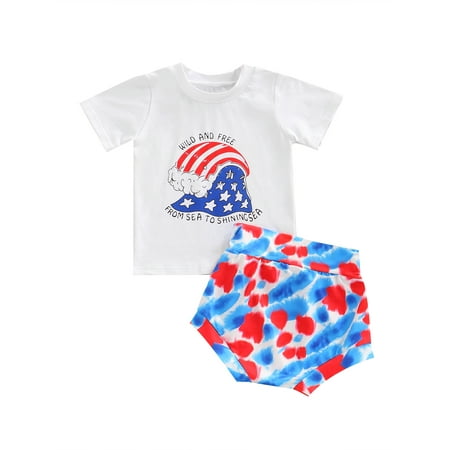 

Imcute Newborn Baby Girl 4th of July Clothes USA Flag Letter Printed T-Shirt Tops Tie Dye Shorts Summer Outfits White