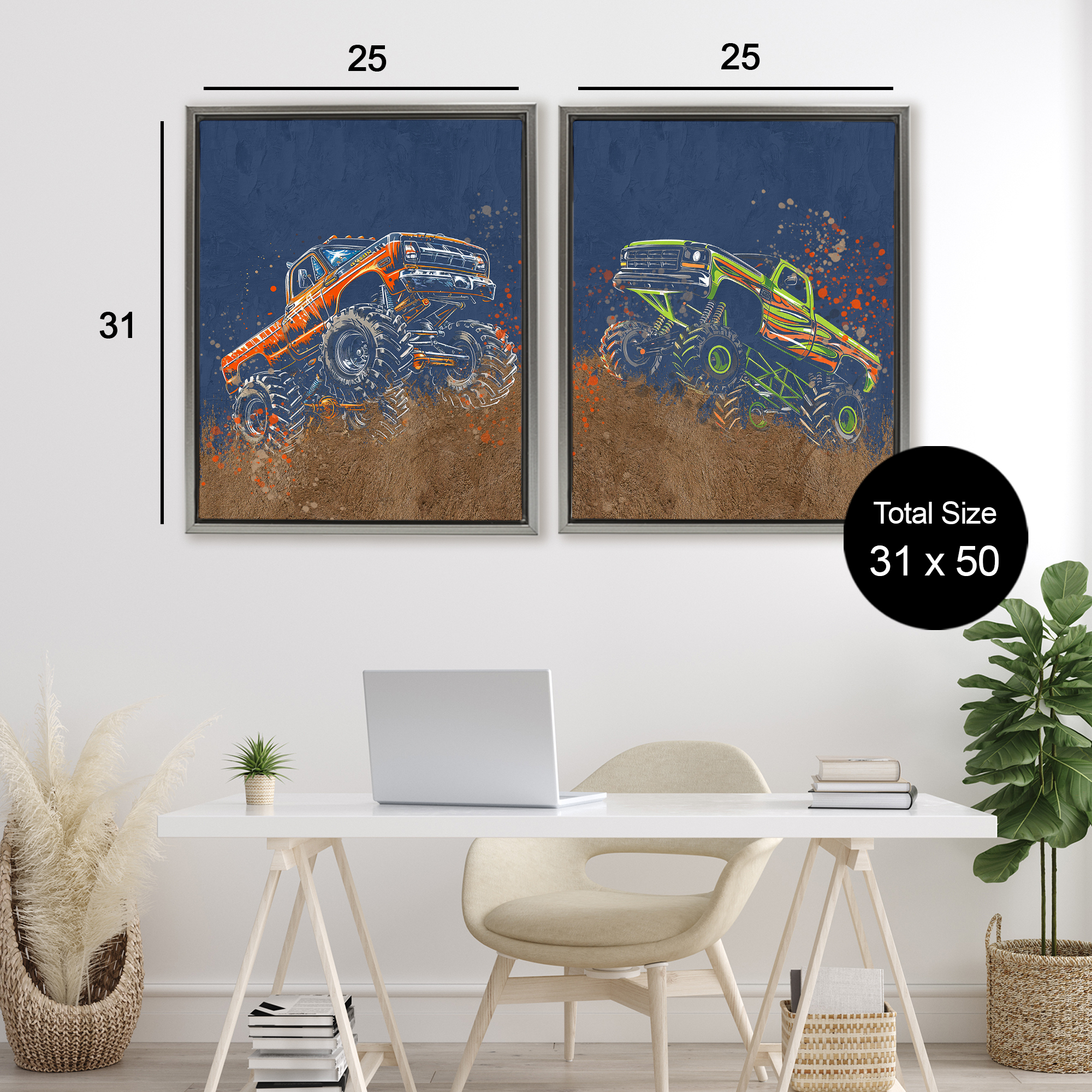 Monster Truck Jam 2 Piece Gray Framed Floater Canvas Set, design by Kim Allen