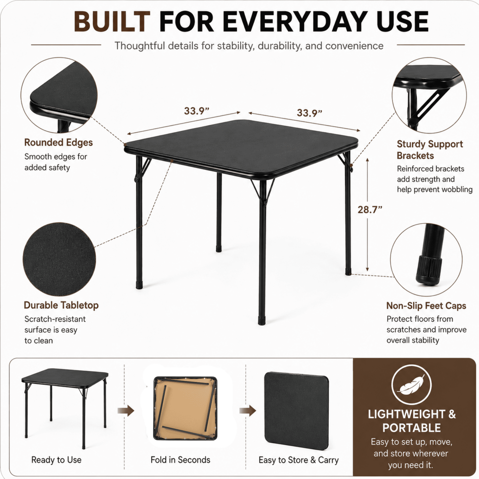 Homy Casa 34" Square Folding Card Table Portable Poker Game Dining Table Black