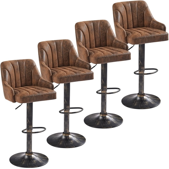 Conjunto de 4 Bancos de Bar VECELO Ajustables con Respaldo y Brazos, Color Marrón Oscuro
