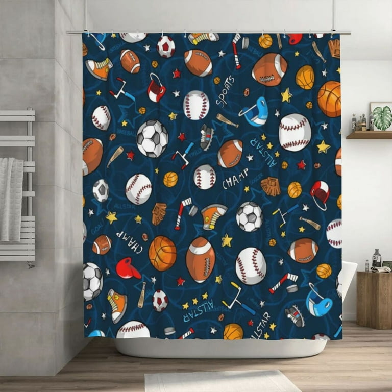 Basketball Football Baseball Hockey Star Blue Shower Curtain Sports Bathroom Decor Fabric 72x72 Inches Com