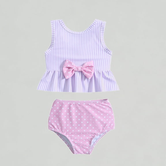 Xijirk Girls Two-Piece Swimsuit Striped Bowknot Tankini with Polka Dot Bottom Cute Summer Swimwear,12-18 Months