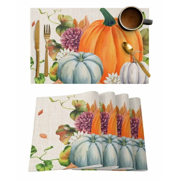 Placemats Set of 8 Thanksgiving Pumpkin Dahlia Fall Leaf Vintage Linen Heat Insulation Washable Place Mats, Rustic Non-Slip Table Mats for Dining Table Party Kitchen Decor,13x19 Inch