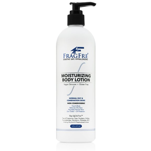 FRAGFRE Moisturizer for Sensitive Skin 16 oz - Fragrance Free Non Comedogenic Lotion - Zinc Oxide for UVA UVB Sun Protection - Oily / Combination Skin