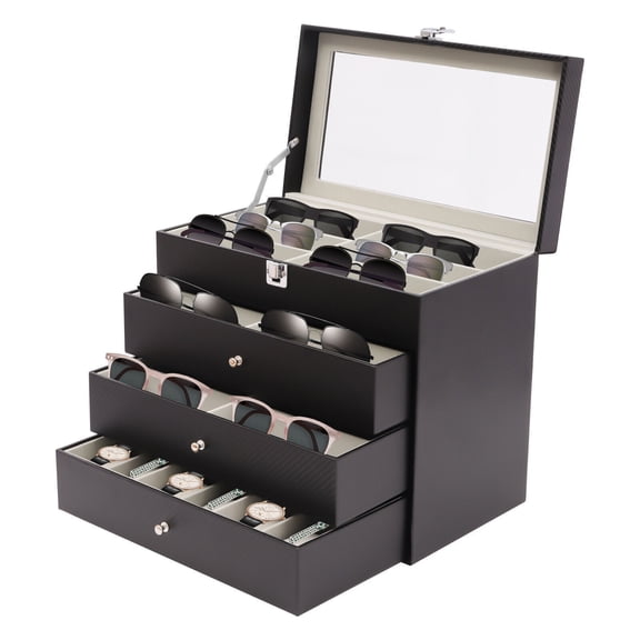4 Layer 27 Slots Eyeglasses Storage Box Sunglasses Glasses Dustproof Display Case,Carbon Fiber Eyeglass Holder,Glasses Organizer Case with Drawer Lockable