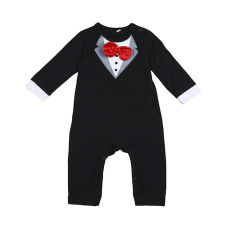 Baby Boy Gentleman Romper Newborn Formal Outfit Wedding Suit Long Sleeve with Bowtie