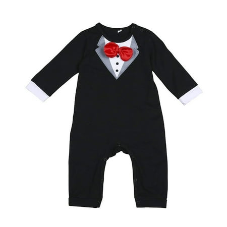 White Romper Set - Baby Boy Gentleman Romper Newborn Formal Outfit Wedding Suit Long Sleeve with Bowtie