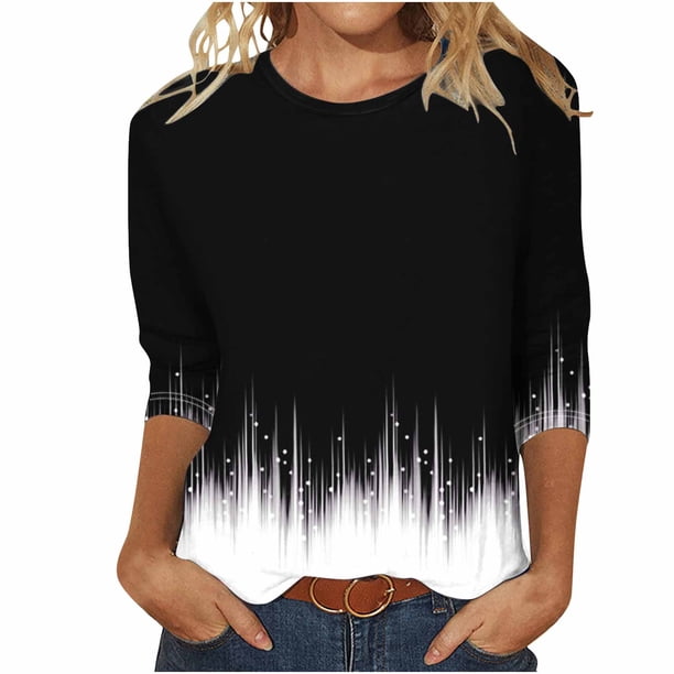 Camisetas Casuales de las Mujeres de Moda Impresa 3/4 Mangas Blusa Cuello Redondo para el Hogar Y Diario