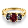 thumbnail image 3 of Gem Stone King 18K Yellow Gold Plated Silver Red Rhodolite Garnet and Green Mystic Topaz Filigree Style 3 Stone Ring for Women (2.55 Cttw, Oval 8X6MM and 6X4MM) (Size 8), 3 of 6