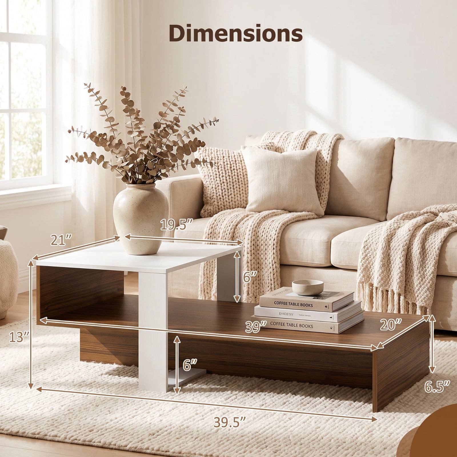 Furnibear 2 Tier Modern Irregular Coffee Table with Open Storage Shelf and Geometric Silhouette for Living Room for Home and Living Space, White and Brown