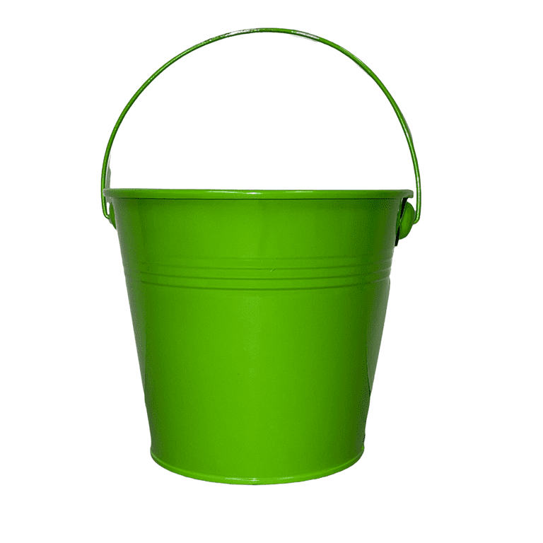 four colorful plastic buckets with handles on a dark background