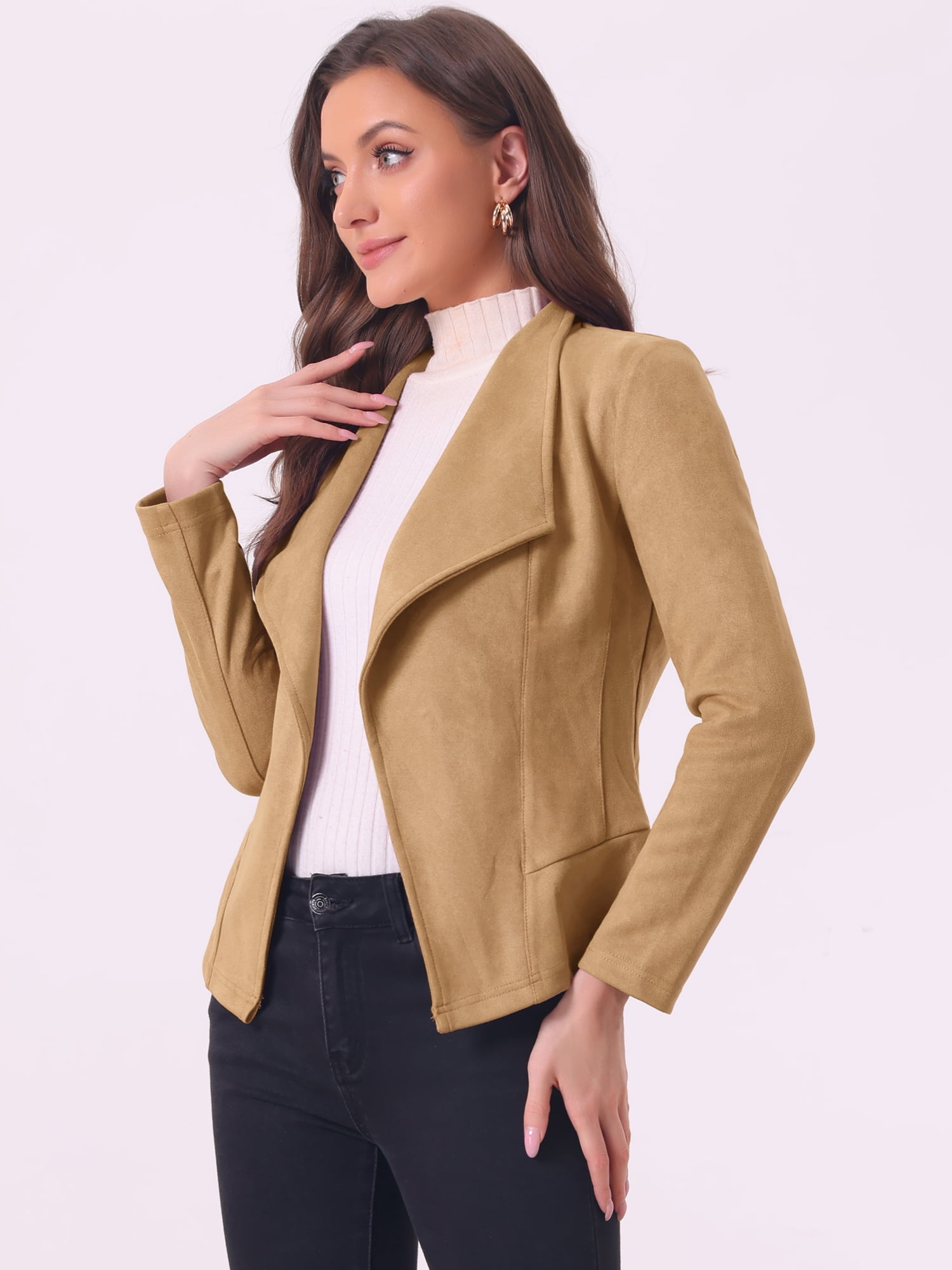 DARING DIVA Faux Suede Jacket Open Front Lapel Draped Cardigan Blazers XS Khaki
