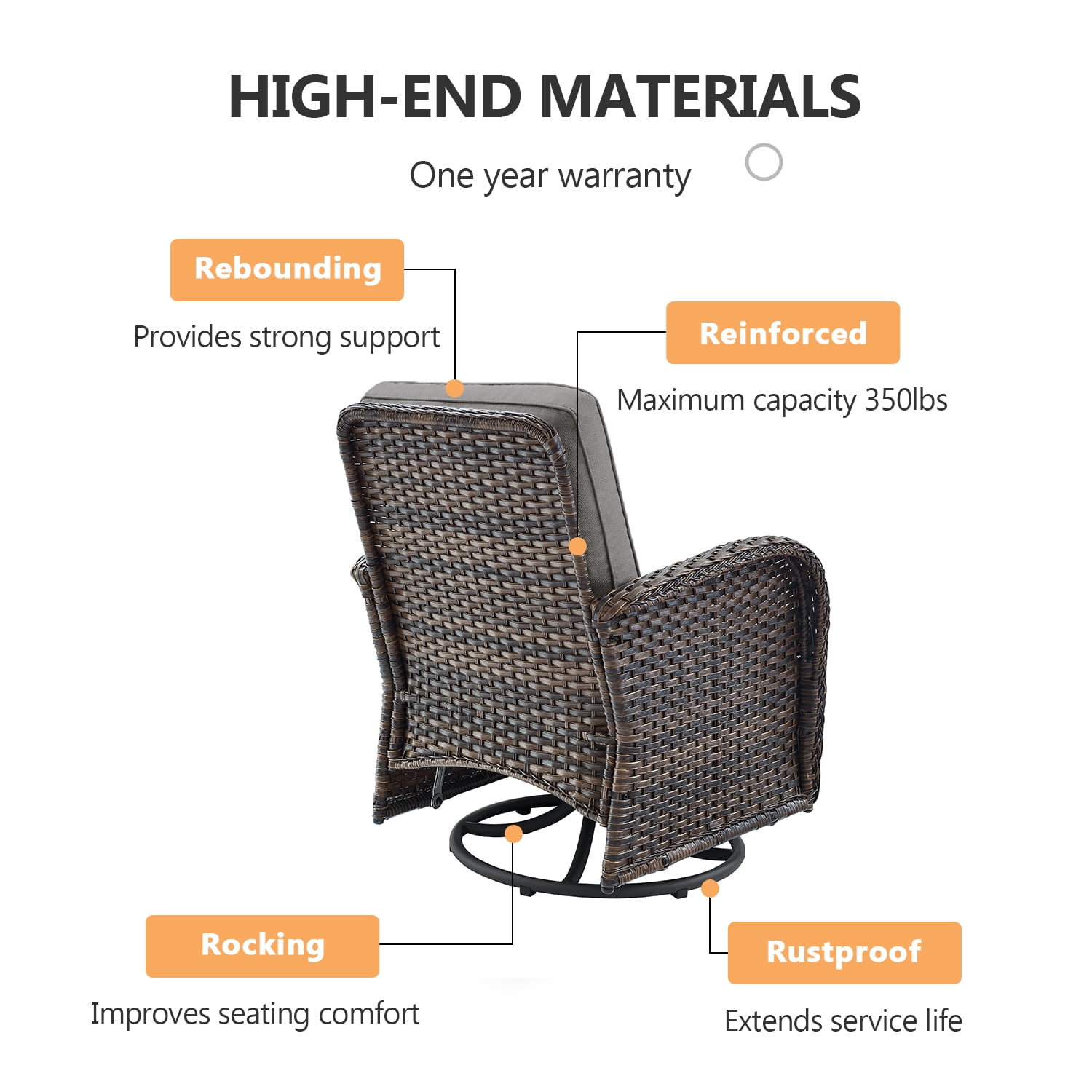 POCASSY 7 Pieces Fire Pit Table Set Patio Furniture with Glider Loveseat, All Weather Outdoor Conversation Set with Cushioned Patio Loveseat and Patio Swivel Chairs, Brown Wicker Gray Cushion