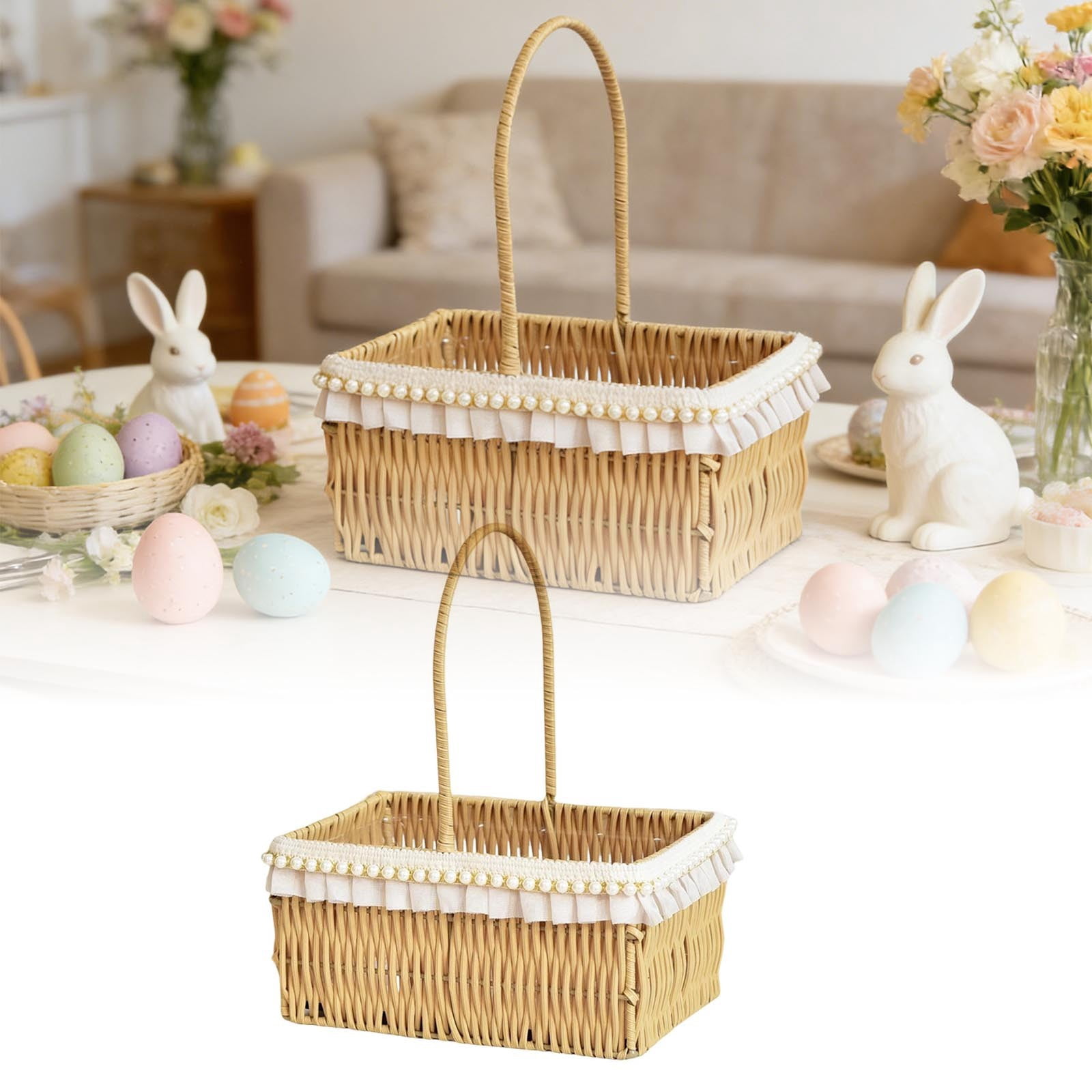 Elegant Handwoven Wicker Picnic Basket with Comfortable Handles, for Spring Folwers, Easter Egg, Fruit and Storage, Wedding Decor, or Everyday Home and Festival Use