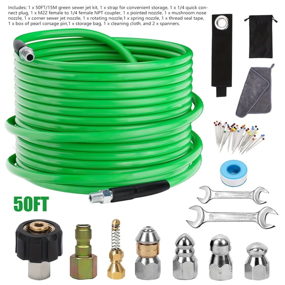 Sewer Jetter Kit for Pressure Washer, 50FT High Pressure Drain Cleaning Hose with Rotating, Corner & Button Nozzles, 5800 PSI Water Jet Sewer Cleaning Tool