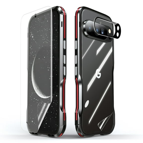 Dteck Minimalist Phone Case for Google Pixel 9 Pro XL, Aluminum Metal Frame Bumper with Full Body Protective Film Screen Protectro Soft TPU Film Camera Lens Protector for Pixel 9 Pro XL,Black   Red