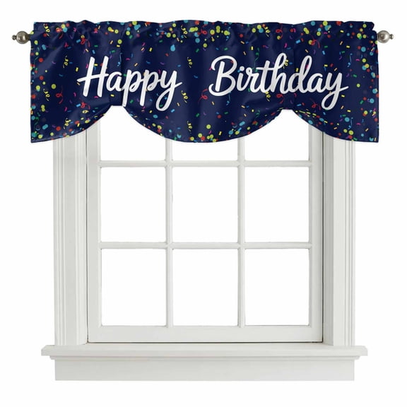 Happy Birthday Tie Up Valance Curtains for Windows, Kitchen Curtains Window Treatments, Navy Blue Modern Abstract Art Short Window Shades Valances for Bedroom Bathroom Cafe 54"x18"