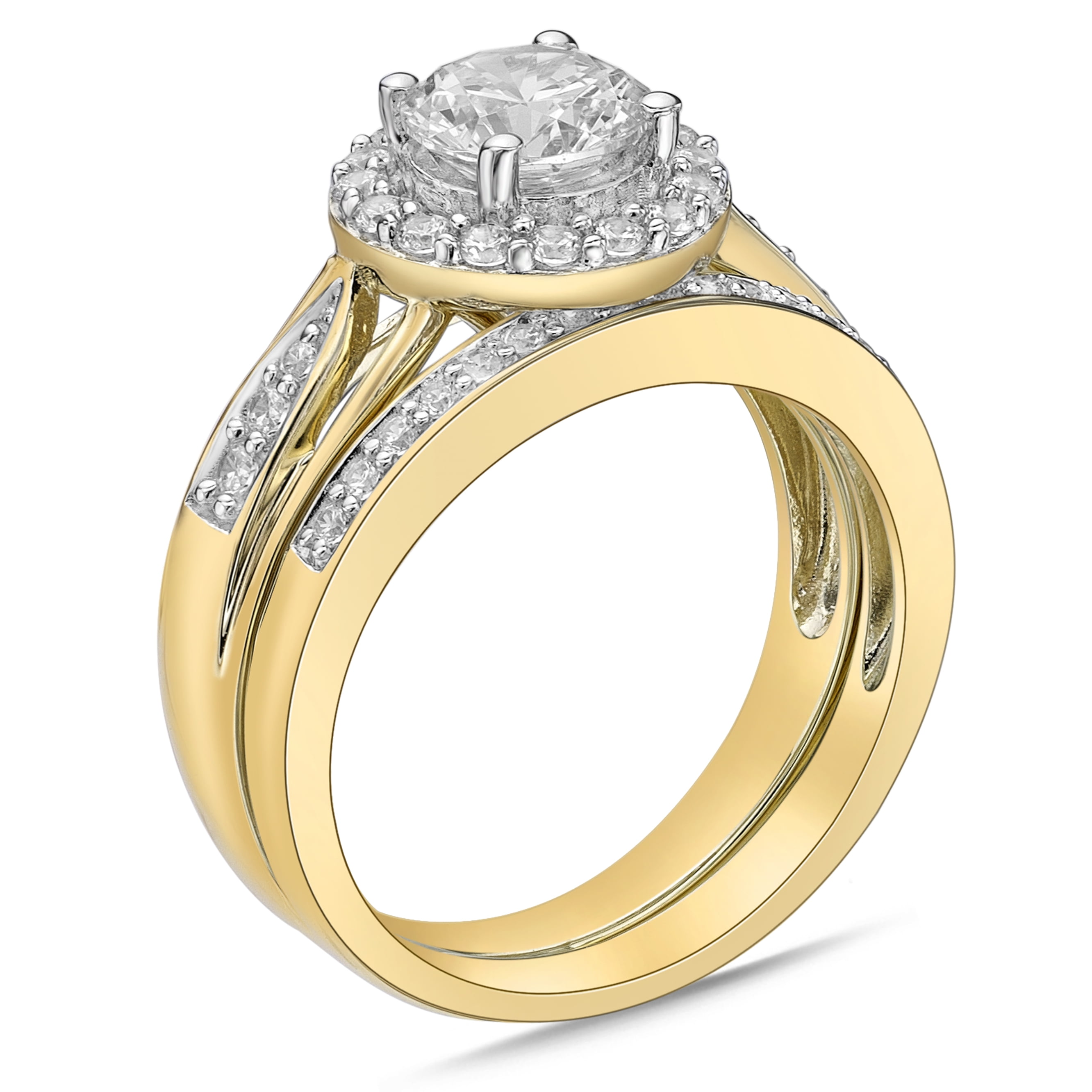 Sterling Silver with 14KY Gold Plated Round with Halo Simulated Diamond Bridal Set Rings
