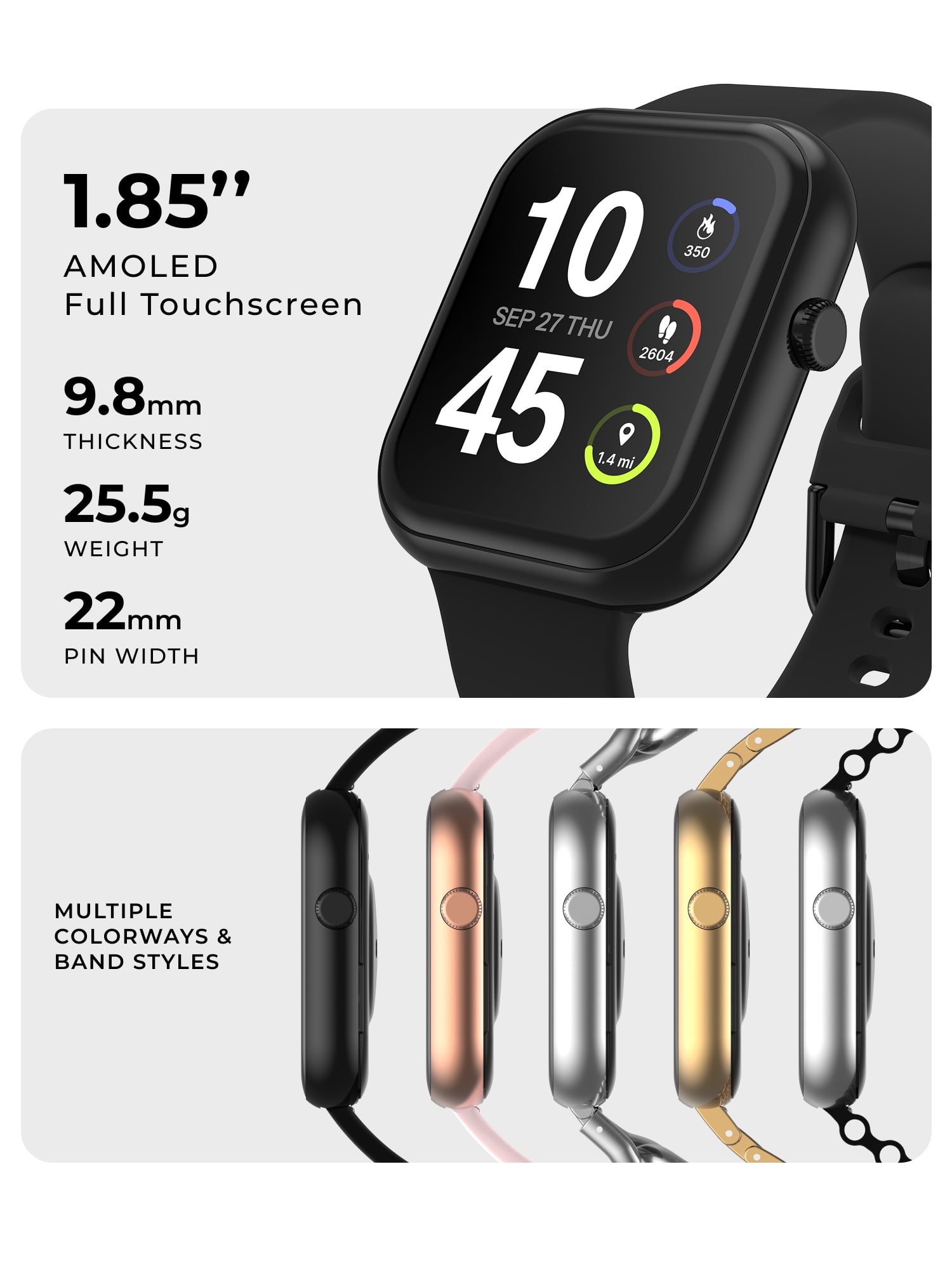 iTech Fusion 4 Unisex Adult Rectangular Smart Watch, Black, Silicone Strap