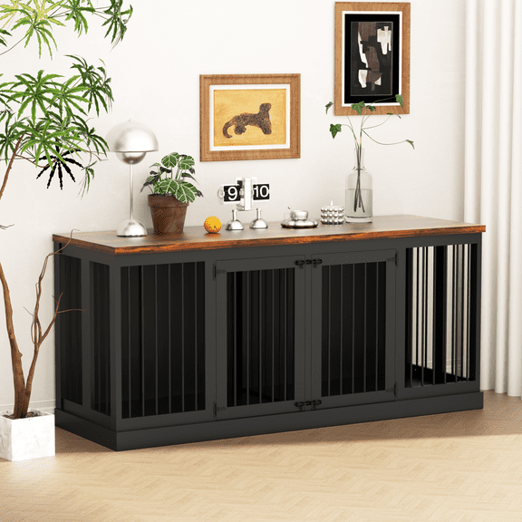 QUNTTINA 70.9" Large Dog Crate Furniture, 2-Door Frame Pet Crate Furniture for Large Medium Small Dogs