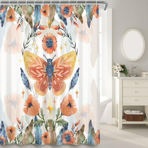 MIZHONA Butterfly with Floral Fabric Shower Curtain for Bathroom Accessories Sets with Hooks 72 Inch Long