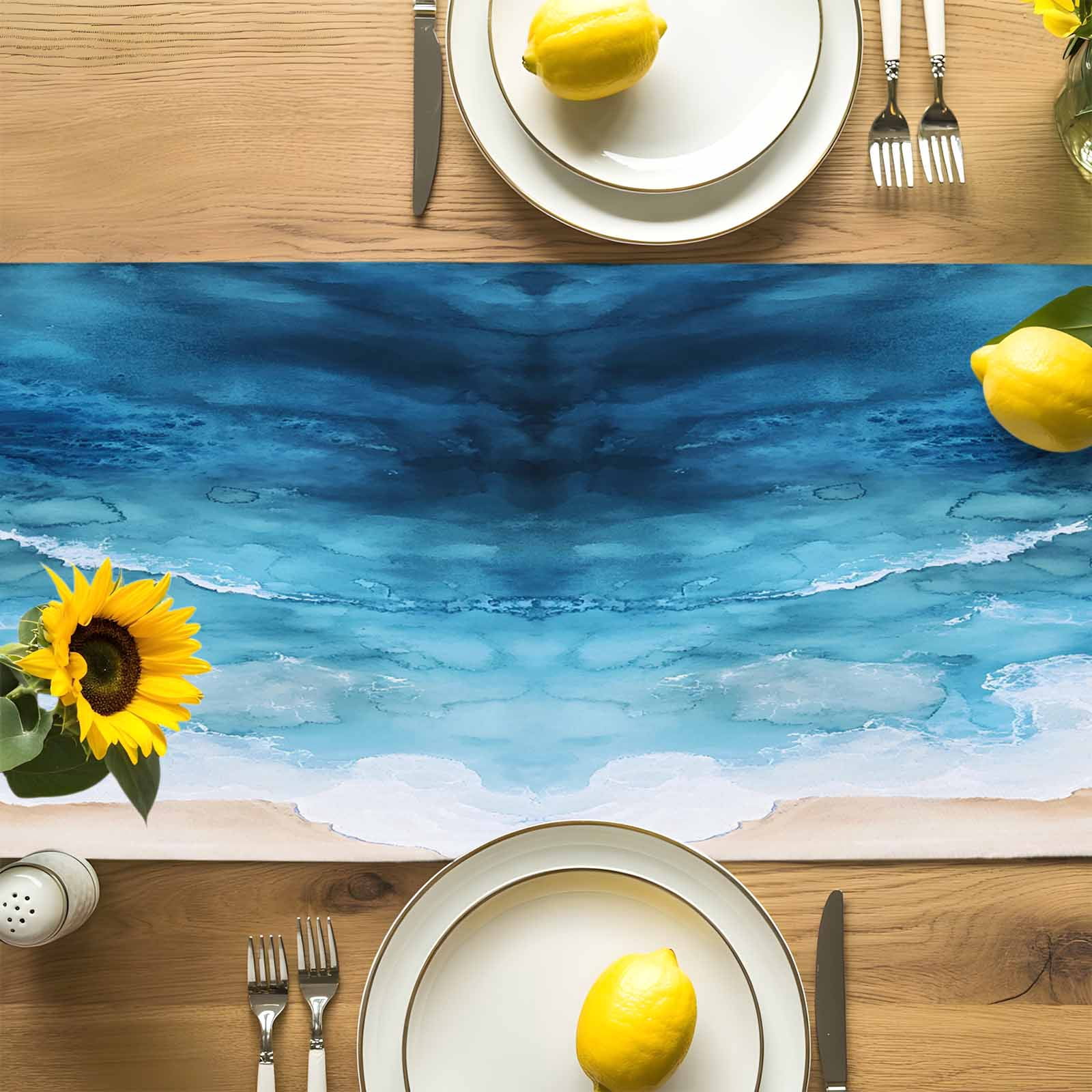 Blue Waves Summer Beach Table Runner 90 Inches Long, Gradient Water Ripples Table Runners Tabletop Scarf Kitchen Dining Tables Decoration for Home Party Indoor Outdoor