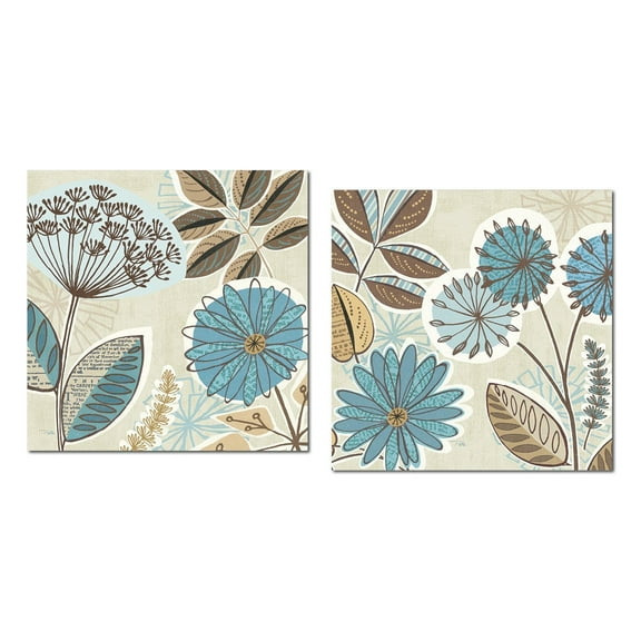 Lovely Blue and Brown Floral Patterned Nature Set by Pela Studios; Two 12x12in Poster Prints