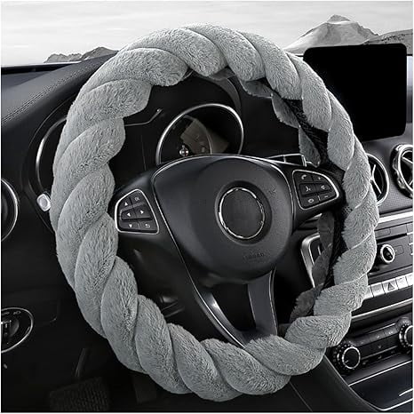 Furry Car Steering Wheel Cover, 15 inch Automotive Fluffy Soft Breathable Warm Non-Slip Vehicle Steering Wheel Protector Interior Decoration for Man Women Girl, Universal for Truck SUV,Gray