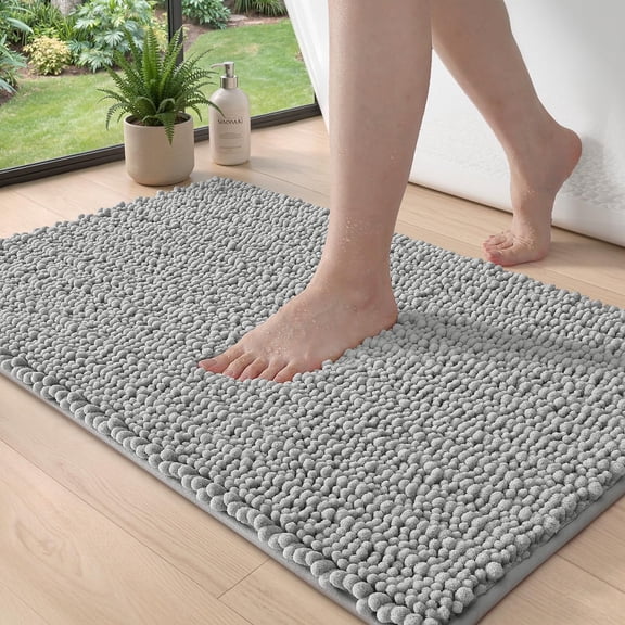 DEXI Bathroom Rugs 16x24, Super Soft Thick Chenille Absorbent Bath Mat, Non Slip Machine Washable Fluffy Shag Bathmat for Tub, Shower Floor, Light Grey