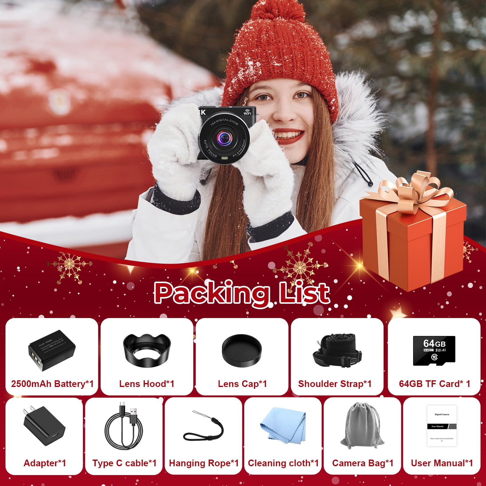Digital Cameras for Photography 8K WiFi 88MP 18X Zoom Autofocus Vlogging Camera with 3" 180° Flip Screen, 64GB Card