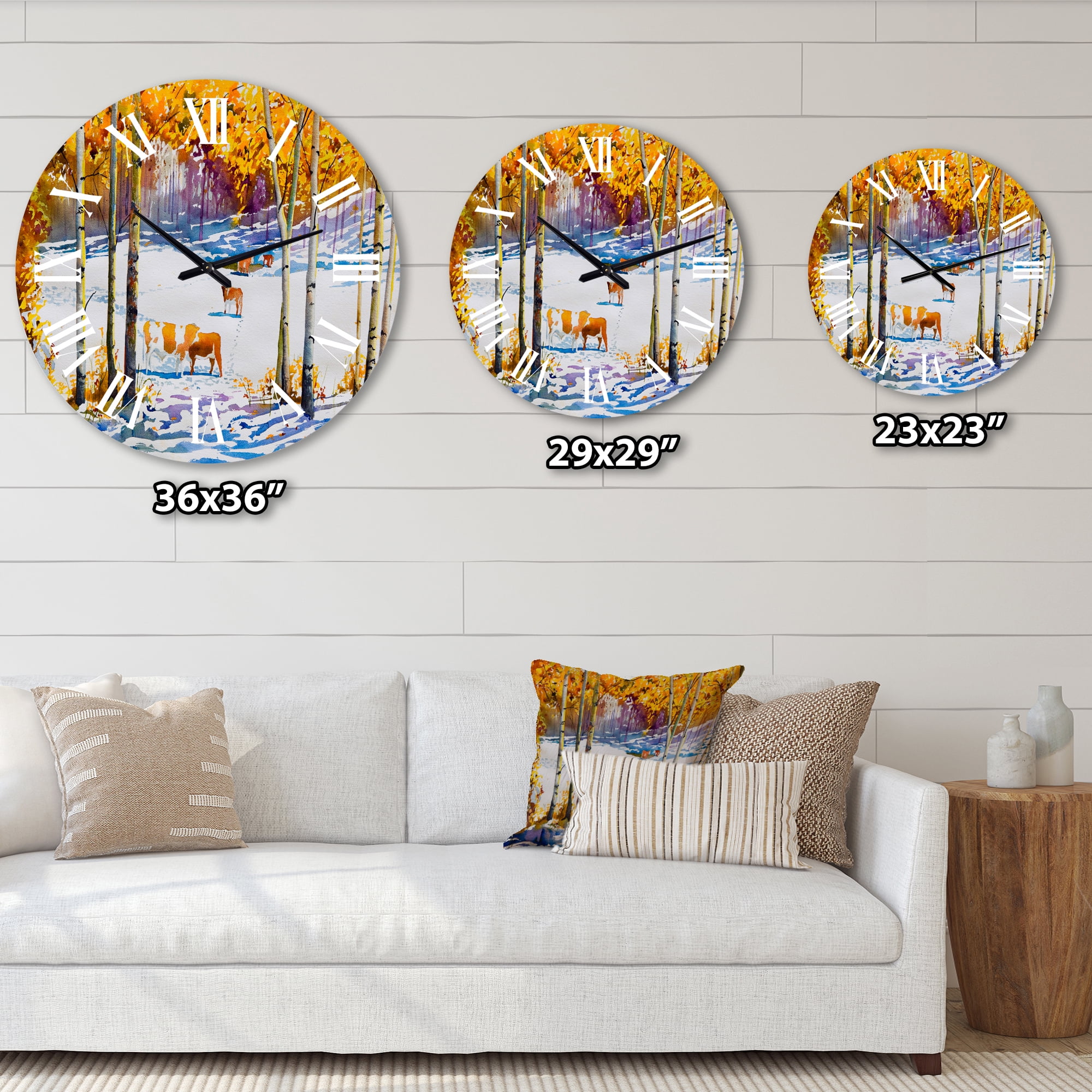 Designart 'Cattle In The Early Snow In The Forest' Farmhouse Wall Clock