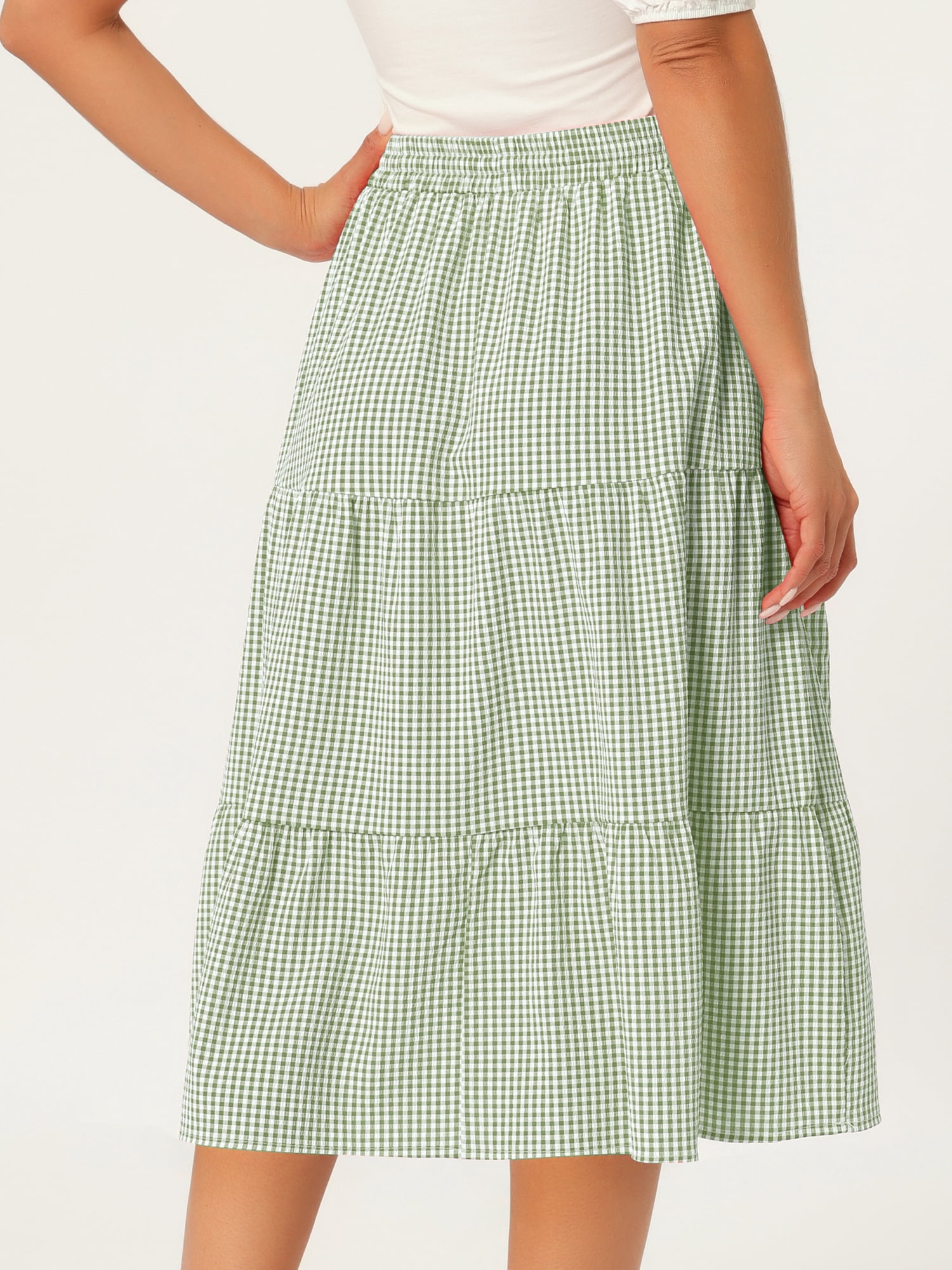 DARING DIVA Women's Gingham Drawstring Waist Tiered A-Line Midi Skirt M Yellow Green
