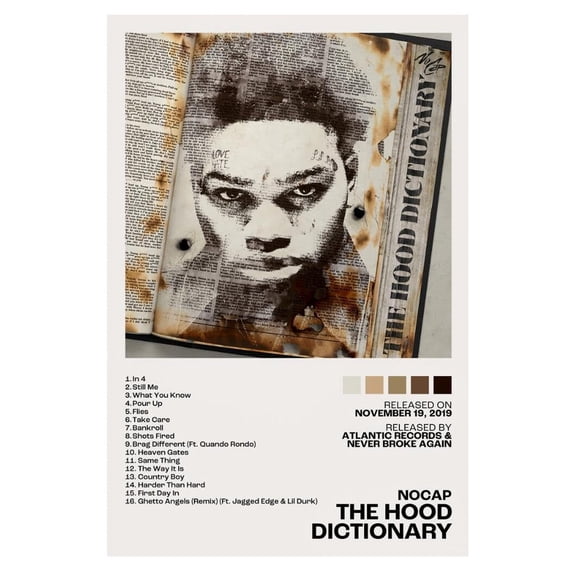 NoCap The Hood Dictionary Album Cover Music Poster Home Decor For Living Room Aesthetic Rap Posters Rapper Album Wall Art Records Wall Decor For Guys