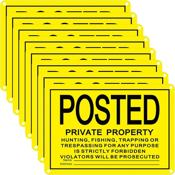 No Trespassing Signs Private Property Reflective Aluminum Posted Signs Metal No Hunting or Trespassing Signs for Warning No Hunting Fishing Trapping Indoor Outdoor Use, 10x7" (Yellow)