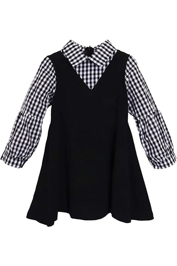 Toddler Girls Plaid Pattern Long Sleeve Shirts Collared School Uniform 2Fer Dress, 2-7 Years