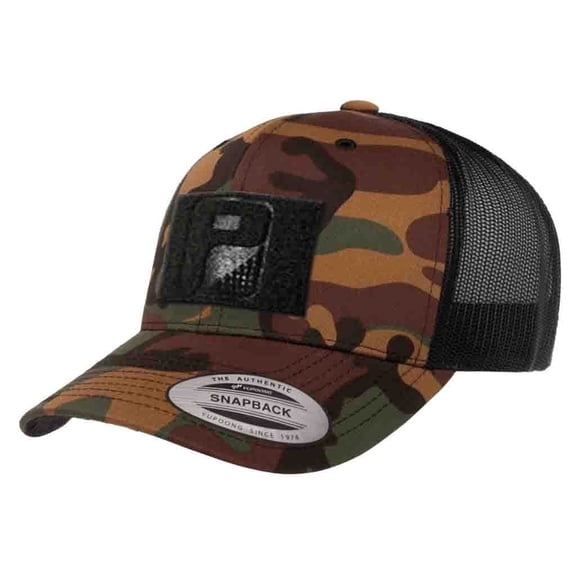 Tactical Hat | Authentic Snapback Camo Trucker Curved Bill Cap | 2x3 inch Hook & Loop Surface to Attach Morale Patches | (Vintage Camo and Black)