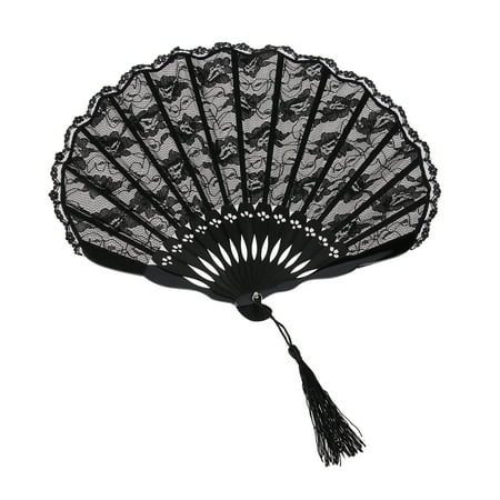 

Etereauty Folding Hand Fan Lace Handheld Vintage Handmade Japanese Black Flower Retro Style Chinese Cotton Womens Fans Held