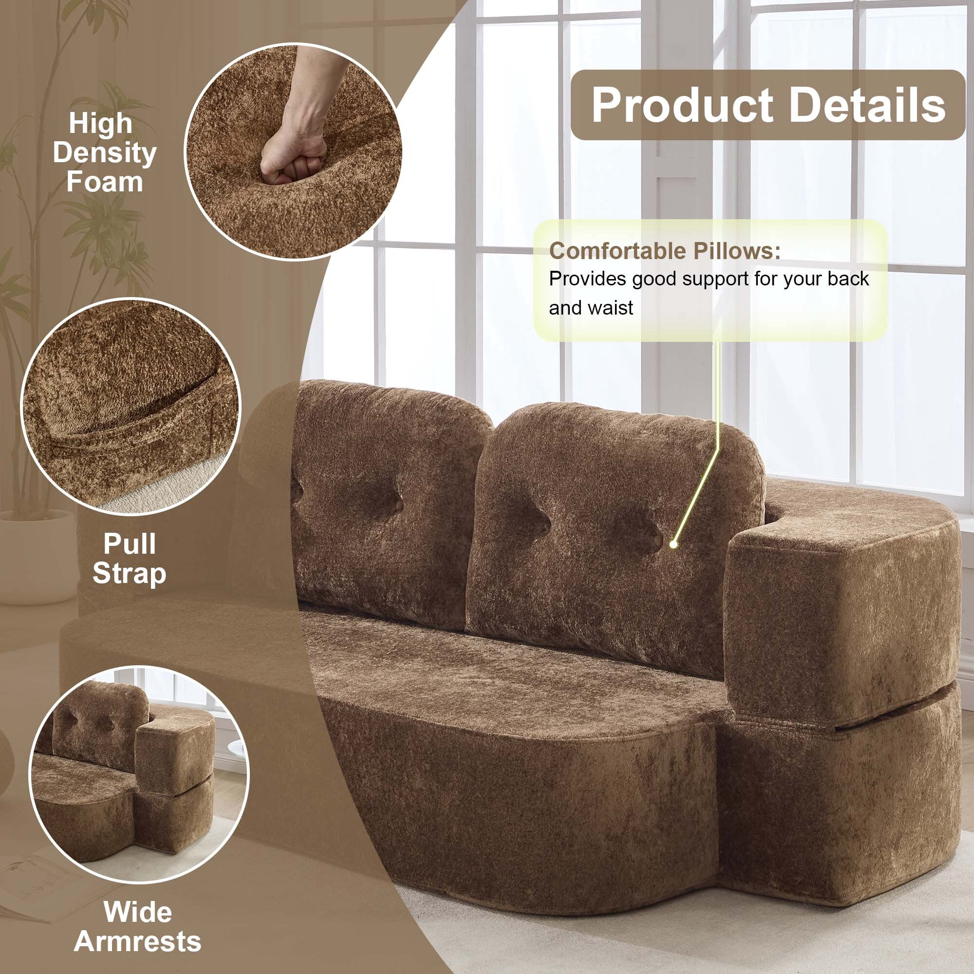 GNIXUU 78.7" W Boneless Cloud Loveseat Sofa, 2 in 1 Convertible Floor Folding Couch Bed Furniture, No Assembly Compressed Comfty Foam Lounge Sleeper for Apartment Office Bedroom Living Room