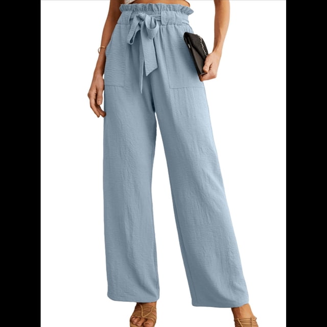 Pantalones Anchos para Mujer con Bolsillos, Cintura Alta, Nudo Ajustable, Holgados, Informales, para Trabajo y Negocios. Azul S