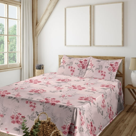 Ambesonne Floral Fitted & Flat Sheet with Shams 4 Pcs Set, Asian Winter Flower Pattern, King, Burgundy and Pastel Pink