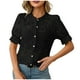 thumbnail image 2 of Karight Lace Blouses for Women Sheer Lace Short Sleeve Top Crew Neck Button Down Shirts Casual Puff Sleeve Dressy Shirt, 2 of 7