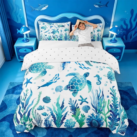 meiyoeat Watercolor Sea Turtle Bedding For Boys,Ocean Animal Starfish Duvet Cover Full,Reversible,3-Piece,1 Duvet Cover and 2 Pillowcases