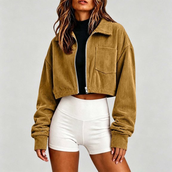Mifsaly Cropped Jacket Women Corduroy Zip Up Lapel Collar Lightweight Shacket Fall Winter Trendy Casual Daily Outerwear Yellow,S