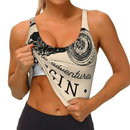 Qokaie Let The Adventure Begin Pattern Womens Scoop Neck Sports Bra Breathable Workout Vest Padded U Back Medium Impact Fitness Gym Yoga Bra Workout Crop Top