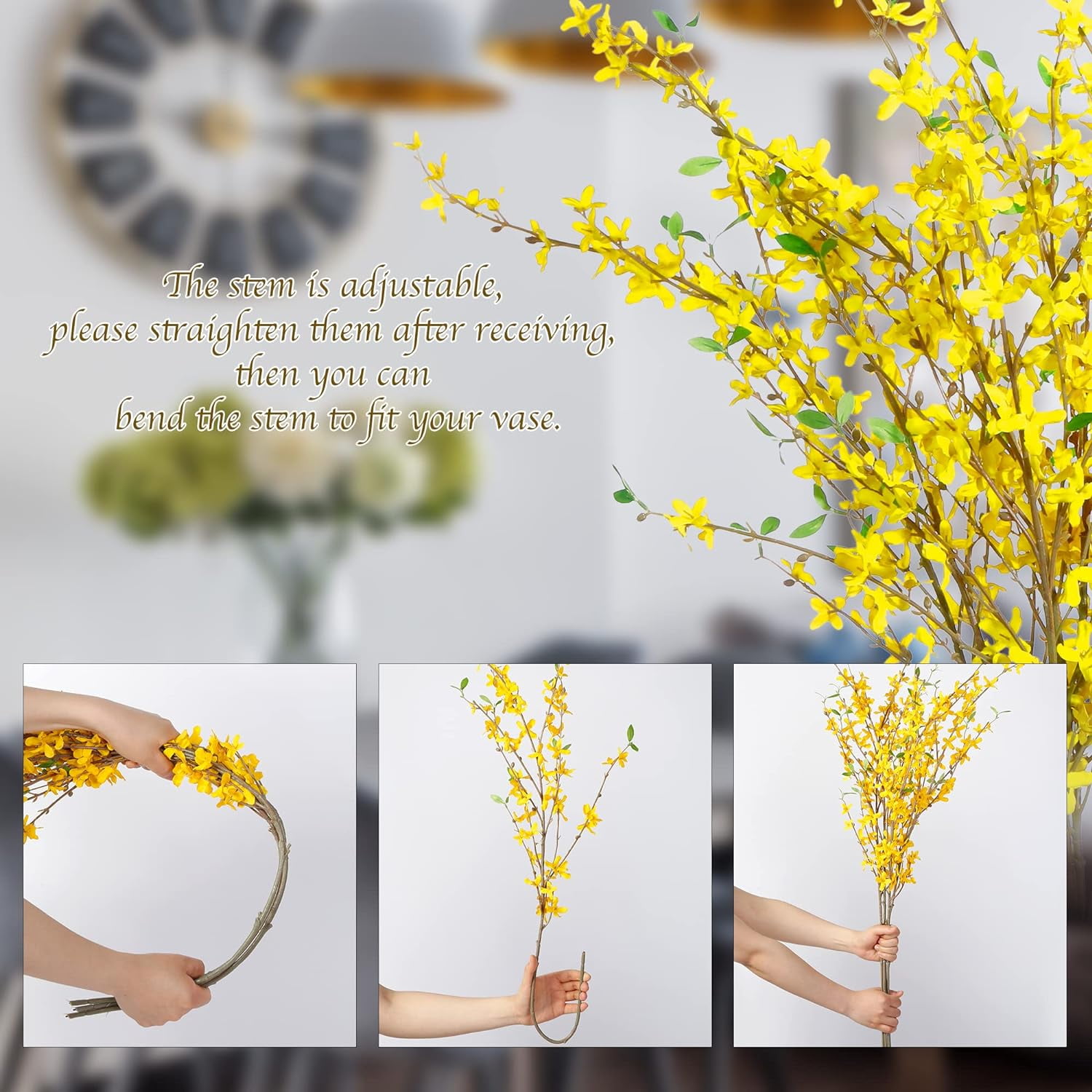Fake Forsythia Stems Artificial Orchids Flowers 4 Pcs Fake Forsythia Branches Fake Faux Long Stem Flowers Yellow Silk Forsythia Branches for Home Wedding Indoor Outdoor Decoration