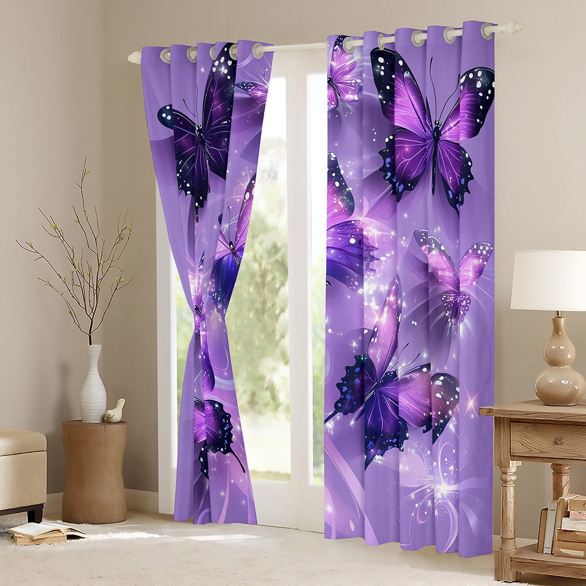 Manfei Kawaii Butterfly Black Out Curtains,Dreamy Theme Curtains Pack of 2 (42x63 Each),Purple Black Bedroom Curtains For Girls Teens,Ultra Soft Home Decor