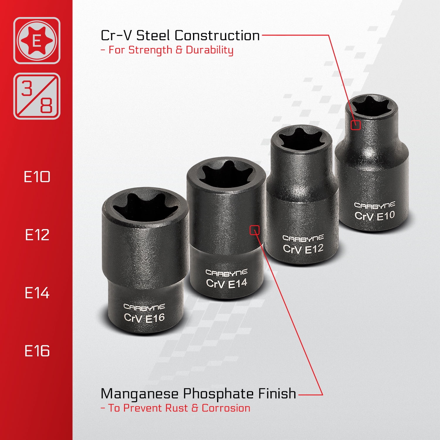 Carbyne 13-Piece External Torx (E-Torx) Socket Set, E4 to E24, CrV Steel, Manganese Phosphate Finish, 1/4 3/8 1/2 in. Drive, Laser Etched