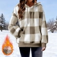 thumbnail image 2 of QQAMB Womens Sherpa Pullover Oversized Fuzzy Hoodie Double Fleece Sweatshirts Fluffy Plaid Outerwear Warm Coats Khaki S, 2 of 7
