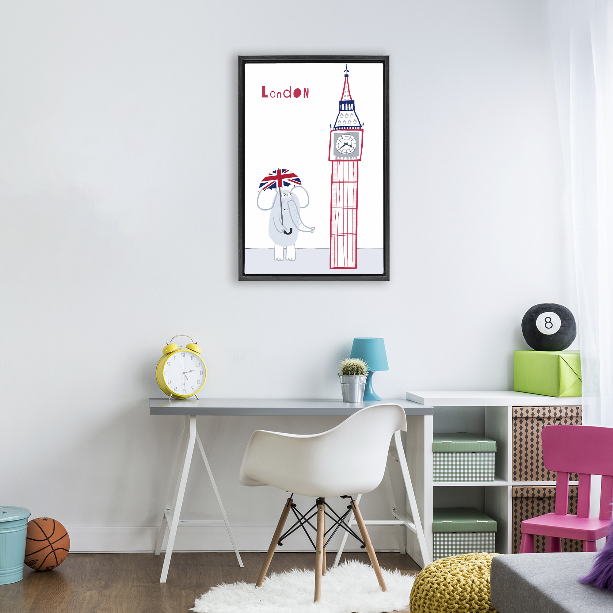 Elephant & Big Ben London Black Framed Floater Canvas Wall Art, design by Carla Daly